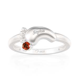 Bague personnalisée Jeulia avec pierre de naissance ovale et motif gravé en platine rhodiée - Product Image 1