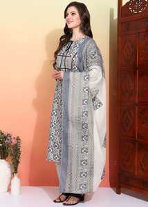 Conjunto de Kurta, Pantalón y Dupatta para Mujer, Algodón, Estampado Geométrico, Corte Recto, Largo hasta la Pantorrilla, Cuello con Muesca, Manga Tres Cuartos, Gris - Product Image 3