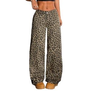Jean en denim léger pour femme, coupe droite, taille haute, imprimé léopard, style baggy, rétro - Product Image 1