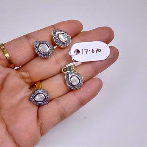 Ensemble de bijoux en argent 925 plaqué or Polki Diamond, design antique, ensemble de boucles d'oreilles, pendentifs, bagues - Product Image 3