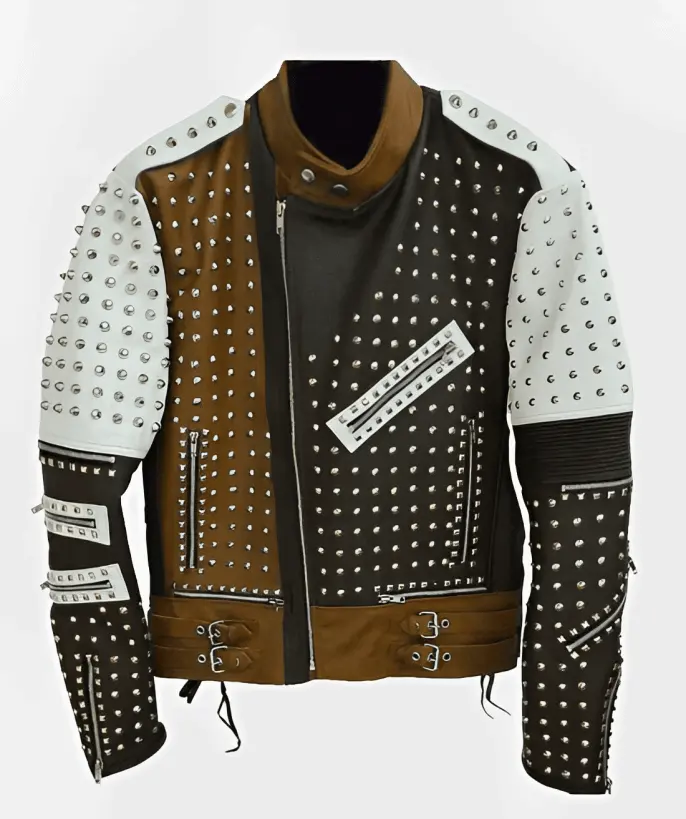 Nieuwe Stijl Beste Echte Mode Motorfiets Vintage Bomber Heren Studs Leren Biker Jack In Bruin En Wit