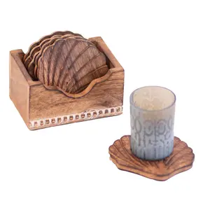 Kezevel Wooden Coasters Mango Wood Artistically Handcrafted Seashell Design Set of 6 with <b>Holder</b> for Serving Coaster <b>Plate</b> - Product Image 6
