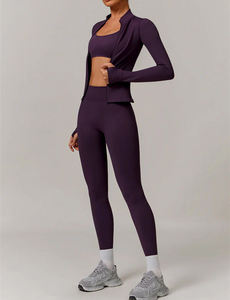 Vente en gros de veste à fermeture éclair sans couture pour femmes, ensemble haut et pantalon, vêtements de sport confortables pour le yoga et la course à pied à haute élasticité - Product Image 6