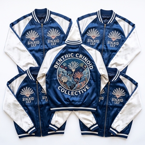 Chaqueta Varsity al por mayor de satén con botones a presión, estilo raglán, en negro, champán, dorado, con bordado en la espalda y detalles de gemas ópticas de Feldspar. - Product Image 6