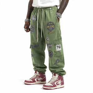 Men's <b>Cargo</b> large front <b>Vintage</b> New Sun Fade Baggy Wide Leg Track Sweatpants with Rhinestone Embroidery Logo Label Flare - Product Image 2