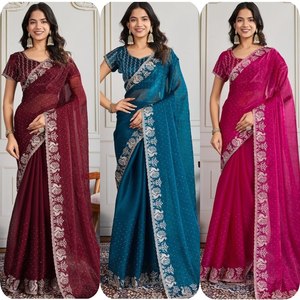 Sari de seda de gasa Fendy suave Premium moderno para bodas y fiestas con bordado completo C Pallu y trabajo Swarovski de secado rápido - Product Image 6