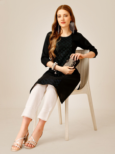 Trabajo de bordado intrincado totalmente cosido rayón algodón Magic Slub Kurti viscosa indio pakistaní estilo étnico vestido informal para - Product Image 5