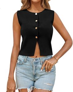 Femmes sans manches recadrée pull gilet été à la mode tricot culture débardeurs col rond bouton Y2K sortir Top2025 - Product Image 3