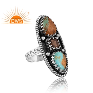 Anillo de declaración de piedras preciosas turquesas Kingman y cuarzo ahumado de plata esterlina oxidada de la mejor calidad, joyería personalizada para mujer - Product Image 3