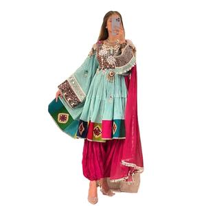 Vestido de Novia para Mujer, 100% Poliéster, Bordado a Mano, Estilo Afgano Kuchi, Manga Casquillo, Cintura Natural, Color en Contraste - Product Image 1