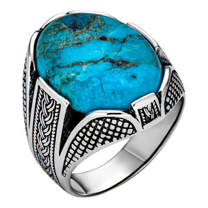 Bague en pierre de turquoise bleue véritable Bague de richesse pour bijoux de mode pour femmes Bijoux de mode en argent 925 oxydé - Product Image 1