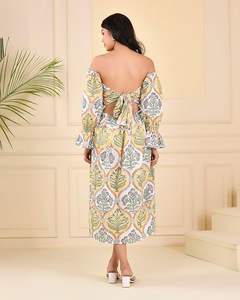 Crêpe Soie Casual Robe D'été Jaune Vert Floral Feuille Imprimer Cloche Manches Naturel Taille Écologique Respirant Lavable - Product Image 2