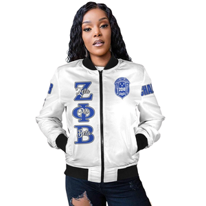 Chaqueta de Satén Azul y Blanca Zeta Phi Beta para Mujer, Estilo 1920, Bordado con el Escudo de la Hermandad ZPB, Prenda Griega Premium, Ropa Deportiva - Product Image 3
