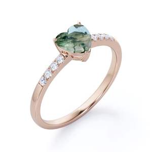 Anillo de Compromiso Clásico de Plata de Ley 925 con Ágata Musgosa de 1.2 Quilates en Forma de Corazón, Grabado, con Engaste de Garras, Anillos Finos - Product Image 3