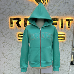 Sudadera con capucha con cremallera hecha en fábrica y de calidad pura, chaqueta con cremallera y diamantes de imitación, lavado ácido, Vintage, lavado, ropa de calle de lana para hombre, Sudadera con capucha - Product Image 1