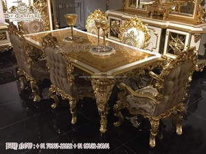 Ensemble de salle à manger 6 places en teck de conception impériale avec finition dorée luxueuse et décorations sculptées à la main pour salle à manger - Product Image 5