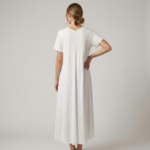 Vestido Midi con Corte Evase, Cuello en V y Mangas Cortas, 100% Viscosa, Cintura Natural, Estilo Casual de Primavera, Lavable - Product Image 3