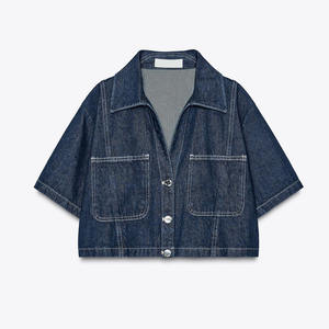 ชุดสองชิ้นผ้ายีนส์ลำลองสำหรับผู้หญิงฤดูร้อนเสื้อครอปแขนสั้นทรงหลวมมีกระเป๋าและชุดแฟชั่นคุณภาพสูงสั้น - Product Image 6