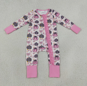 Jolie tenue d'automne pour bébés filles, imprimé citrouille, manches longues, fermeture éclair, col rond, volants doux - Product Image 4