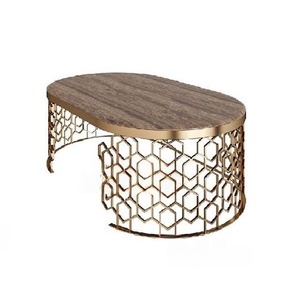 โต๊ะข้างมุมโลหะและโต๊ะคอนโซลตกแต่งผนังในร่มทำจากไม้ด้านบนและโลหะสแตนเลสกรอบสีทอง - Product Image 1