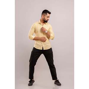 Camisa de Vestir Casual para Hombre, 100% Algodón, Estampada con Rayas Amarillas, Popelina Tejida, Mangas Largas, Transpirable, Talla 6XL, para Otoño y Oficina - Product Image 6