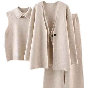 Jersey informal de Invierno para mujer, chaleco con cuello en V, cárdigan irregular, pantalones sueltos, conjuntos de 3 piezas en patrón de lona sólida - Product Image 6