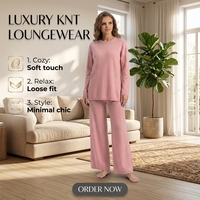 Ensemble 2 pièces en cachemire de qualité supérieure pour femmes : pull décontracté à col rond et pantalon large pour se détendre