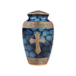 Matte Black Cremation Urn with Gold Cross Emblem and Decorative Floral Bands for Faithful <b>Memorial</b> Display - Product Image 2