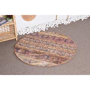 Tapis Vintage Turc Style Bohème Beige Bleu Patchwork Design 3.8x3.8 pieds Laine avec Support en Latex pour Entrée ou Chevet - Product Image 2