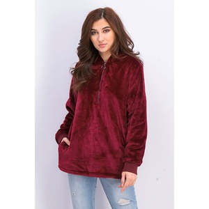 Felpa con cappuccio da donna Ideology rossa in pelliccia sintetica con zip a un quarto, ricamo in seta, stampa a rilievo, motivo a lettere 3D invernale, XS (Small) - Product Image 1