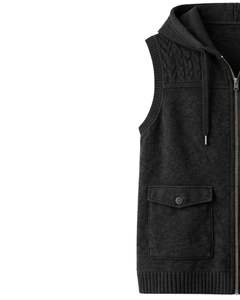 Manufacturer Custom Men <b>Black</b> Hooded Sleeveless Cable <b>Knit</b> <b>Vest</b> Wool Acrylic Blend Full Zip Winter Casual Sweater With Pockets - Product Image 3