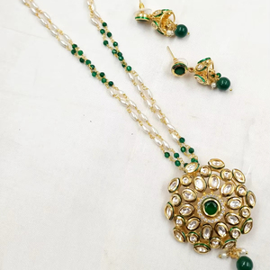 Round Stylish Kundan&<b>Drop</b> Traditional Gold Plated Pendent <b>Necklace</b> Set Matching Earring With Motipearl Chain Pendent NecklaceSet - Product Image 1