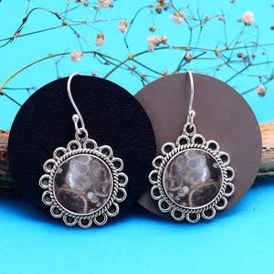 Pendientes de piedras preciosas de ágata Turritella, pendientes de forma redonda de Plata de Ley 925 sólida para mujeres y niñas, Pendientes colgantes, joyería - Product Image 2