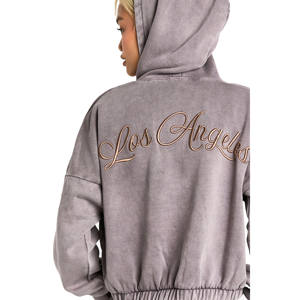 ชุดวอร์มผู้หญิงผ้าฝ้าย 100% ทรงหลวม มีฮู้ด สไตล์สตรีทแวร์ วินเทจ ครอป ปักลาย ลวดลายพิมพ์ เชือกผูกเอว ล้างสีแบบ Acid Wash - Product Image 4