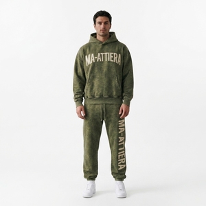 Ensemble jogging et sweat à capuche personnalisé pour homme, vert olive délavé, en molleton de coton, style streetwear, OEM ODM, vente en gros - Product Image 1