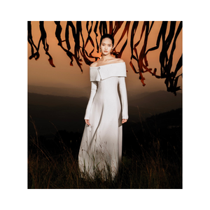 2024 nouvelle conception femmes robes à la main perlée Lynne hors de l'épaule robe coton mélange Jersey haute couture blanc - Product Image 1