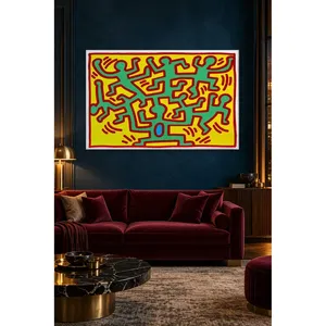 Impresión en lienzo de Fida Keith Haring con figuras verdes de árboles sobre fondo amarillo - Product Image 1
