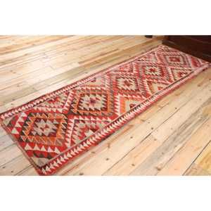 Vintage Kilim <b>Runner</b> Rug 3x9.5 ft (92x291 cm), Turkish <b>Red</b> Solid Wool Rug - Product Image 2