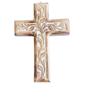 Croix murale en bois sculptée à la main élégante avec décoration murale biblique en bois de manguier en détresse pour la maison et les chrétiens - Product Image 1