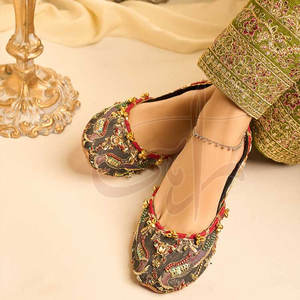 Golden Multicolored Embroidery Women <b>Khussa</b> Classic Beading Striking Floral Designs Anti-Slippery Genuine Leather Outsole Velvet - Product Image 2