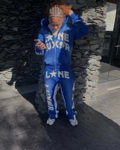 Conjunto de chándal con cremallera personalizado con parche de socorro de diamantes de imitación, chándal acampanado de dos piezas, conjunto de sudaderas con capucha y pantalones de chándal con diamantes de imitación - Product Image 1