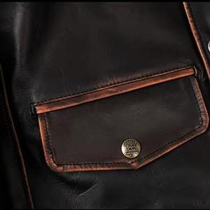 Nouvelle couche supérieure thé noyau cheval cuir répartiteur veste classique rétro hommes en cuir revers bouton vers le bas veste moto veste - Product Image 3