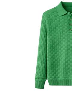 Suéter Polo de Punto con Textura de Gofre para Hombre, Manga Larga, Cuello con Botones, Informal, para Invierno, en Verde Brillante, para Venta al por Mayor - Product Image 3