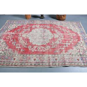 Authentic Vintage Turkish Rug Large Area 5x8ft <b>Red</b> White Kilim Style Patchwork Pattern Wool <b>Latex</b> for Hallway Rectangle Room - Product Image 3