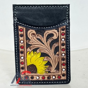 กระเป๋าสตางค์หนังวัวแบบพรีเมี่ยม, กระเป๋าใส่บัตรลายดอกไม้ขนาดเล็กแบบตะวันตกที่ใส่บัตรของขวัญสำหรับทุกเพศ - Product Image 1