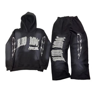 Diseño personalizado bordado Puff estampado ácido lavado Sudadera con capucha y pantalones de chándal de gran tamaño chándales pantalones de chándal acampanados - Product Image 1