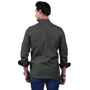 Camisa de vestir informal para hombre de estilo occidental con bolsillos dobles en el pecho de lino/algodón de punto transpirable de color verde - Product Image 4