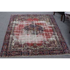 Tapis en laine rouge beige vintage de 6x9.5 pieds, fait à la main, grande zone turque, patchwork abstrait couloir 10mm couloirs en latex - Product Image 1