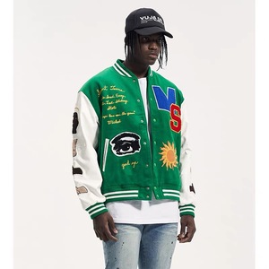 Wholesale Embroidery Patch Green Color Leather Sleeve Male College <b>Jacket</b> Letterman Varsity <b>Jackets</b> for Men - Product Image 2