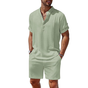 Nueva llegada de los hombres de color verde claro de 2 piezas de lino Casual ropa de playa transpirable traje de verano con manga corta Henley camisa y pantalones cortos - Product Image 2